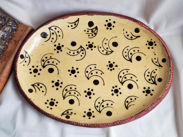 Handcrafted Drape-Molded Oval Platter, Kulina Folk Art Motif, Ceramic Serving Tray