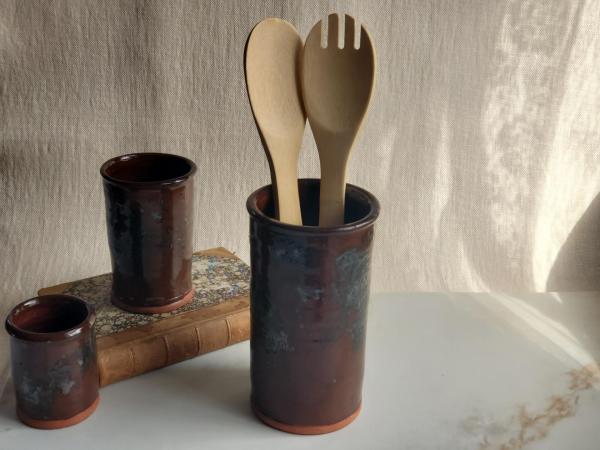 Large Redware Utensil Jar with Spangles