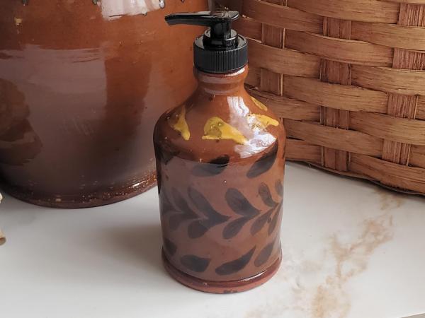 Redware Soap/Lotion Dispenser Bottle with Leaf Motif