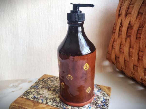 Redware Soap/Lotion Dispenser Bottle with Slip Dots and Black Glaze