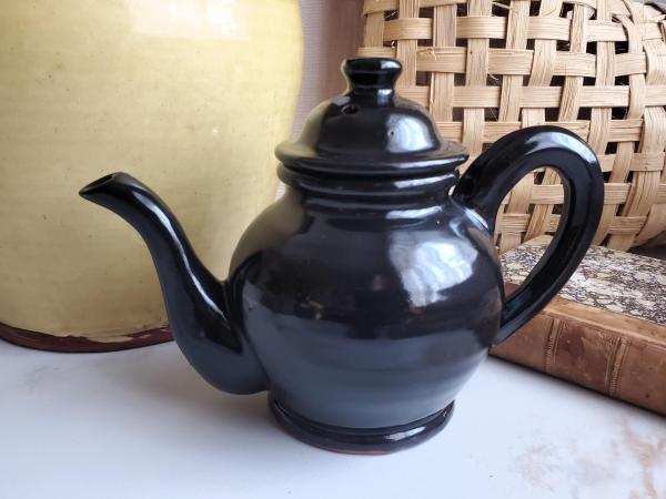 Redware Teapot with Ribbed Handle, Handmade Lead-Free Black Glaze, 16 oz Capacity