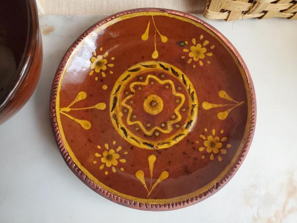 Redware 9 in. Plate with Floral Slip Decoration