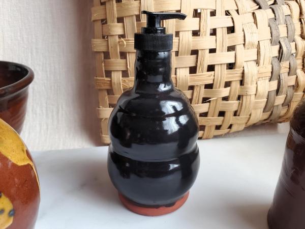Handcrafted Redware Soap or Lotion Dispenser Bottle, Lead Free Black Glaze