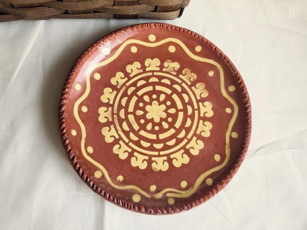 Handcrafted Drape-Molded 7 in Redware Plate with Golden Slip Pattern