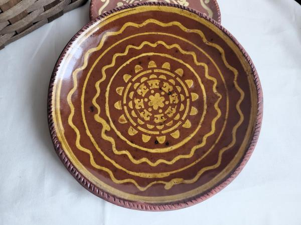 Unique Drape-Molded Redware 9 in. Plate with Golden Slip Design, Food Safe and Lead Free