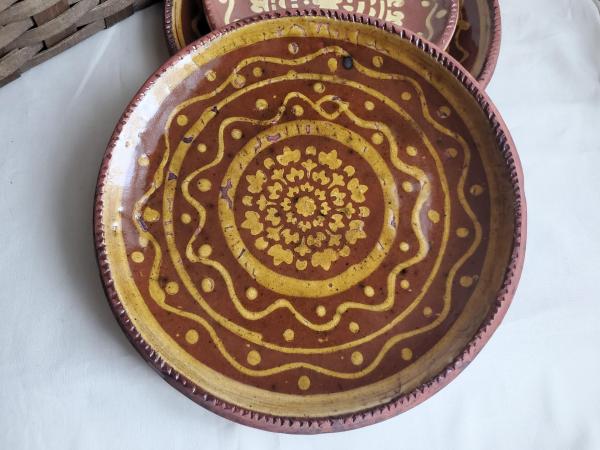 Redware 9 in. Plate with Slip Decoration, Distressed Appearance
