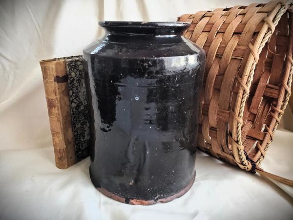 Antique 1800s Large Redware Canning, 19th Century Storage Jar with Black Glaze