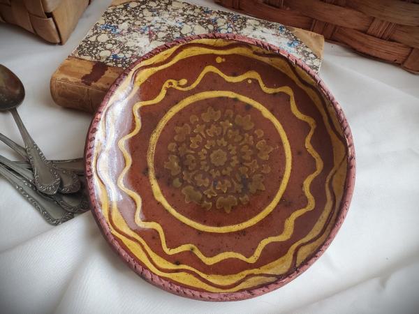 One-of-a-Kind Drape-Molded Redware 7 in. Plate with Green and Golden Slip Design, Food Safe and Lead-Free