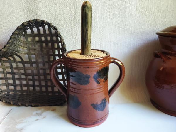 Handmade Redware Butter Churn with Black Dapples