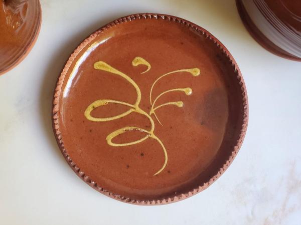 Redware 7 in. Plate with Feather Golden Slip Motif, Food Safe, Antiqued