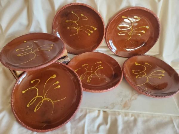 6 Redware 9 in. Plates with "Feather" Golden Slip Motif, Food Safe, Antiqued