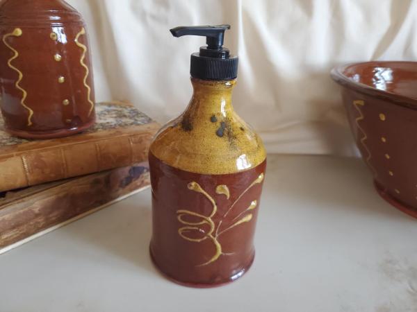 Redware Soap or Lotion Dispenser Bottle with Feather Pattern