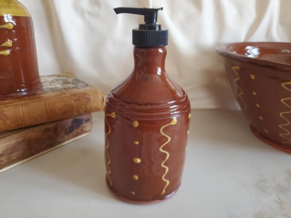 Redware Soap or Lotion Dispenser Bottle with Squiggles and Dots (b)