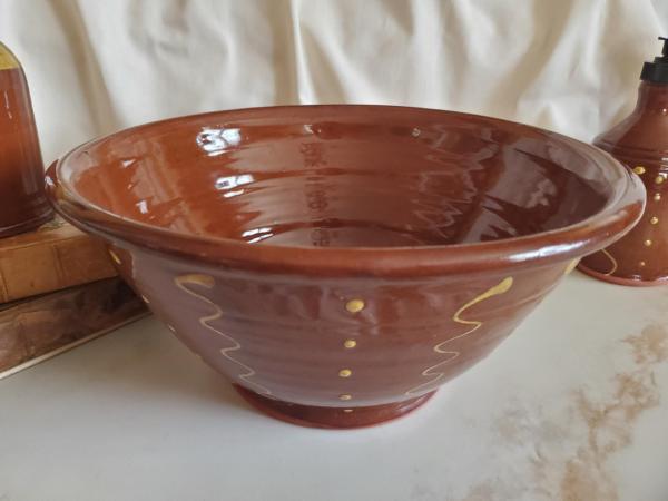 Large Redware 11 inch Bowl with Squiggles and Dots Pattern