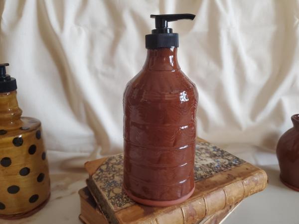 Redware Soap Dispenser, Wheel-Thrown, Antiqued, Incised Pattern