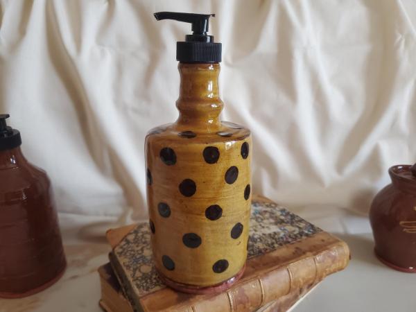 Redware Soap or Lotion Dispenser Bottle with Black Dots
