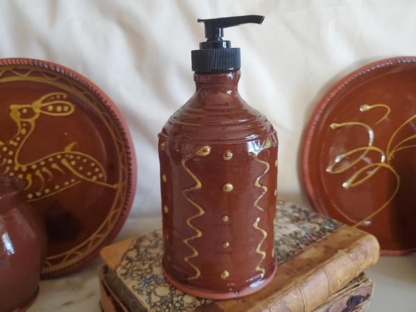 Redware Soap or Lotion Dispenser Bottle with Squiggles and Dots