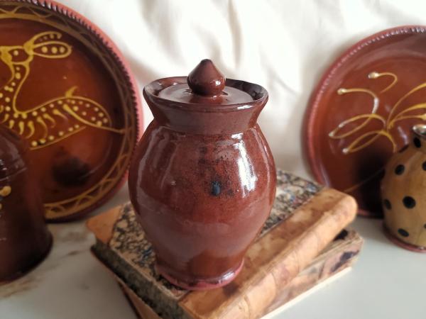 Redware 5 in Storage Jar with Spangles and Acorn Finial