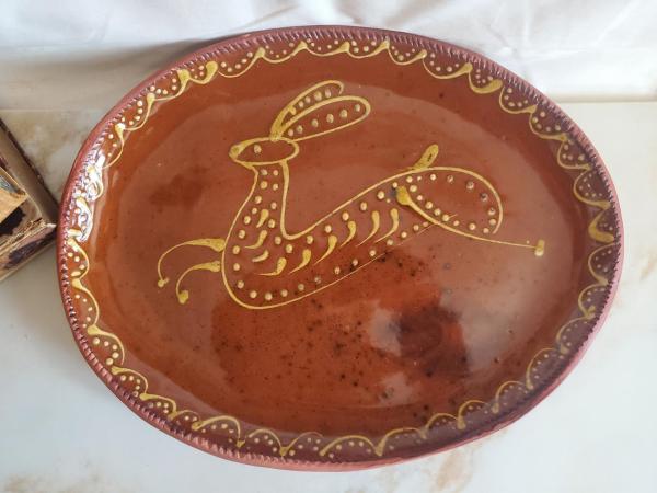 Oval Redware Platter with Whimsical Rabbit Motif