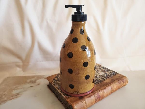 Redware Soap or Lotion Dispenser Bottle with Black Dots