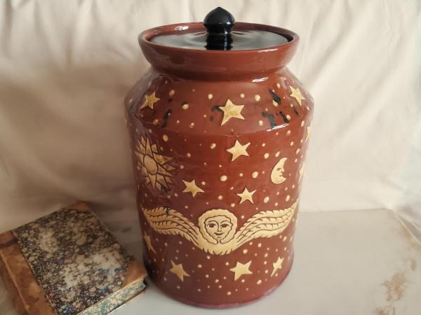 Sgraffito Redware Jar, One-of-a-Kind Angel with Moon and Sun Sgrafitto Motif