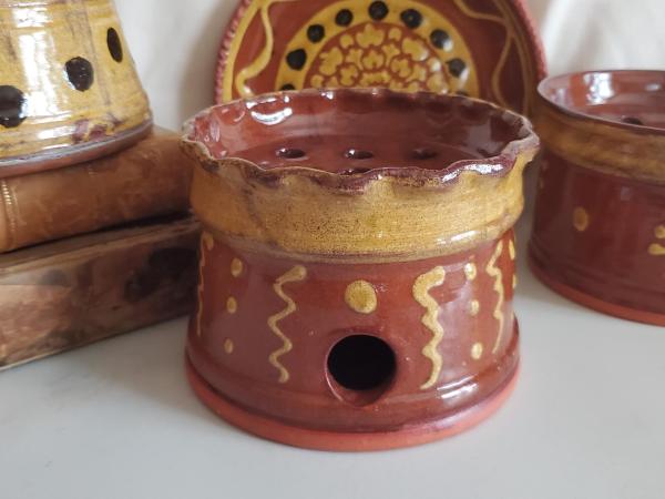  Handmade Redware Soap Dish with Squiggles and Dots pattern