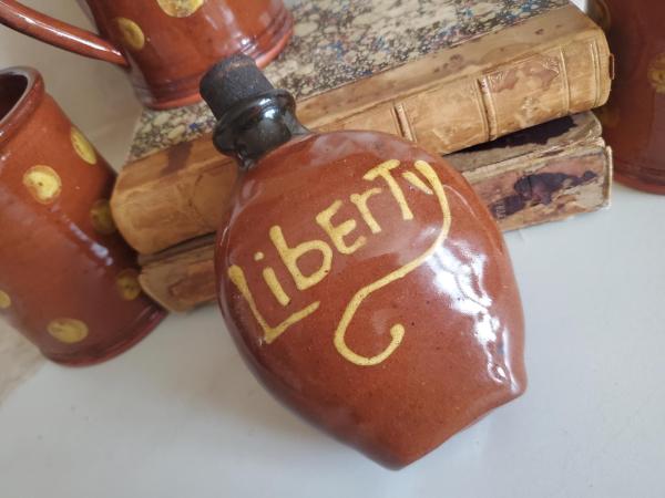 Redware Flask, Black Neck and Slipware Words
