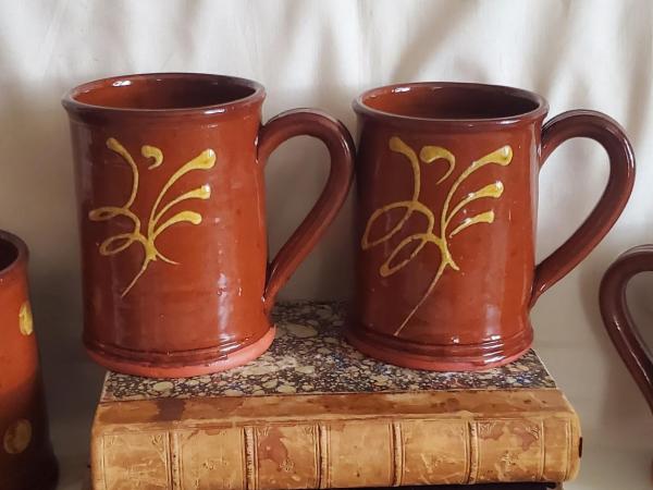 Handmade Redware Mugs (2) with Feather Pattern