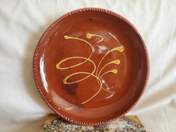Redware 9 in. Plate, Feather Motif, Antiqued