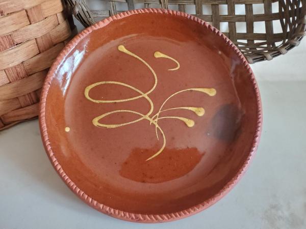 Redware 9 in. Plate, Feather Motif, Antiqued