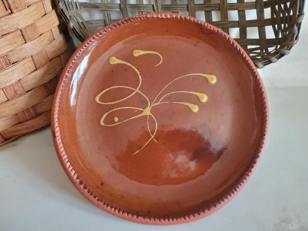 Redware 9 in. Plate, Feather Motif, Antiqued