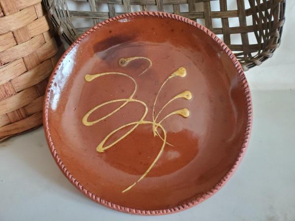Redware 9 in. Plate, Feather Motif, Antiqued