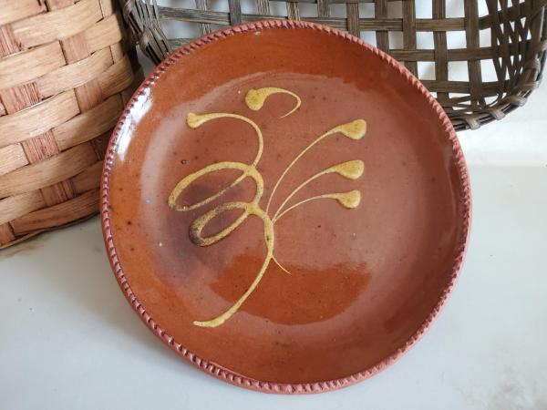 Redware 9 in. Plate, Feather Motif, Antiqued