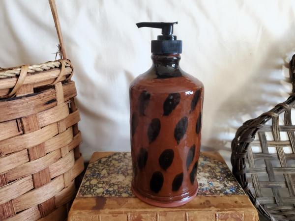 Redware Soap or Lotion Dispenser Bottle with Black Dapples