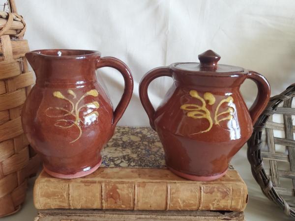 Sugar and Creamer Set with Feather Pattern, Antiqued