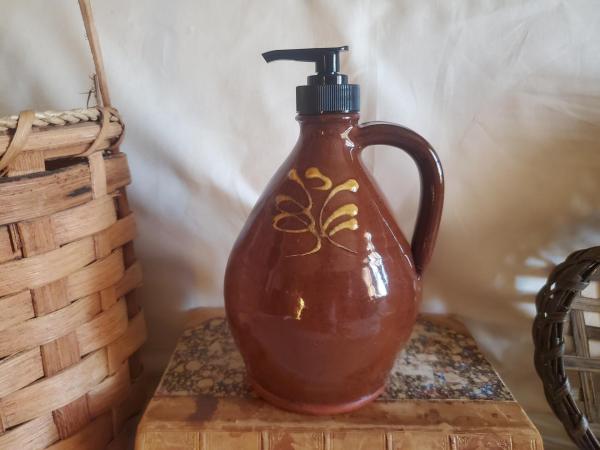 Redware Soap or Lotion Dispenser Jug with Feather Motif