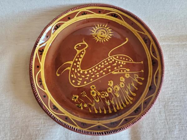 Unique Whimsical Cat Motif Slip Trailed Redware Charger