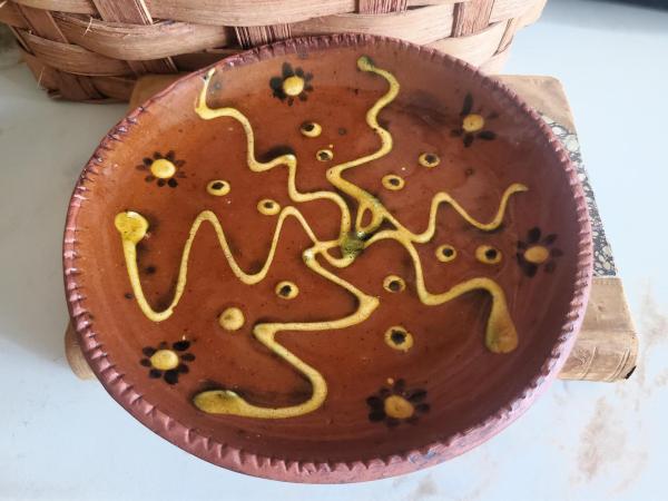 Redware 7 in. Plate, One-of-a-Kind with Slip Motif, Food Safe, Antiqued