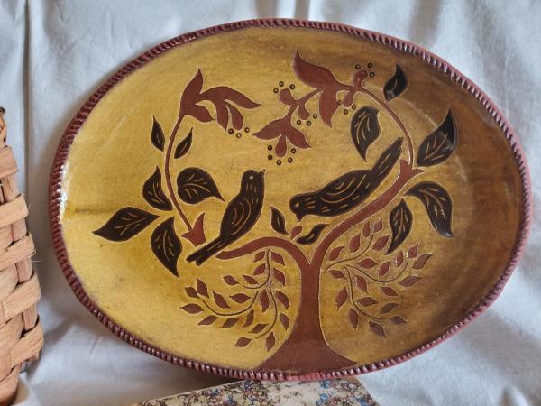 Redware Oval Platter, Birds Eating Berries Motif, Kulina Folk Art