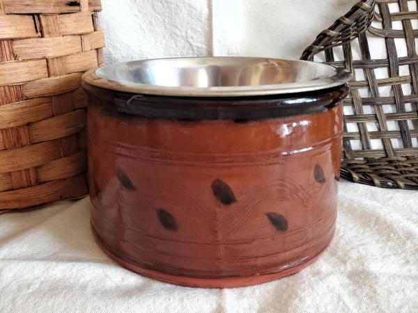 Large Redware Pet Food Bowl with Stainless Steel Insert, Black Splotches