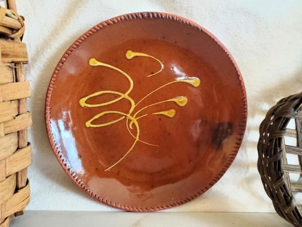 Redware 9 in. Plate, Feather Traditional Motif,  Antiqued