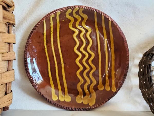 Redware 9 in. Plate, One-of-a-Kind Traditional Motif,  Antiqued