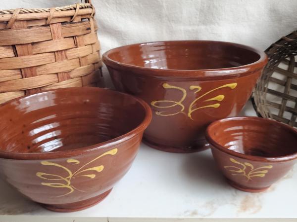 Redware Nesting Bowls (3), Feather Motif, Glazed and Antiqued Finish