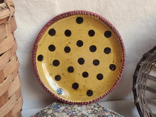 Redware 7 in. Plate Black Dots Decoration, Antiqued (a)
