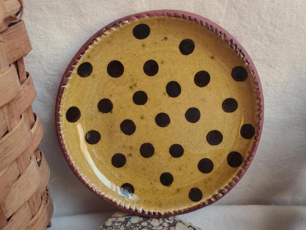 Redware 7 in. Plate Black Dots Decoration, Antiqued (c)