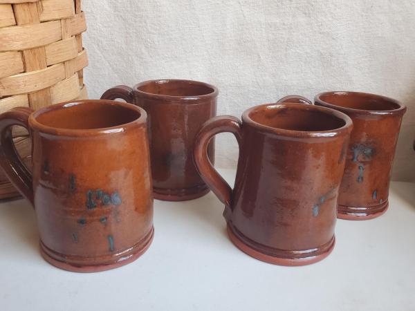 Slip-Decorated Redware (4) Mugs with Spangles