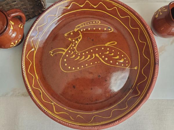 Large Redware Platter, Charger with Slip-Decorated Bunny