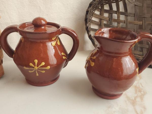 Redware Sugar and Creamer Set with Slip Motif