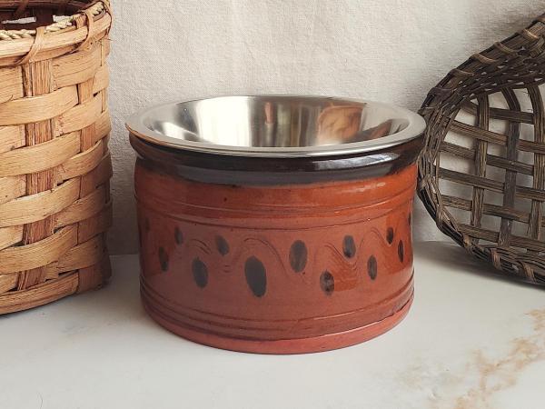 Large Redware Pet Food Bowl with Stainless Steel Insert, Black Splotches