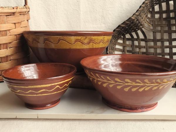 Redware Nesting Bowls (3), Various Slipware Motifs, Antique Finish